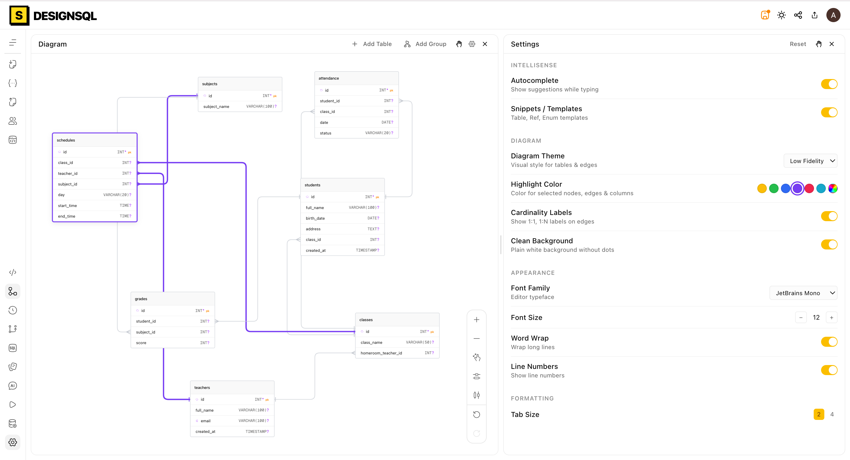 Customizable Editor — DesignSQL database schema design feature